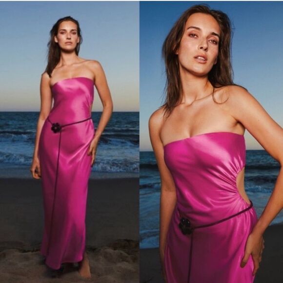 NWT Reformation Navaeh Satin Side Cutout Strapless Midi Bias Dress in Flambe - Picture 1 of 8